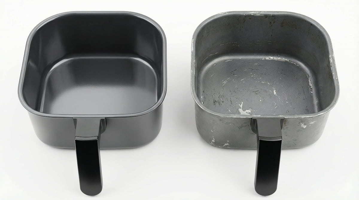 comparison of damaged vs intact air fryer basket coating