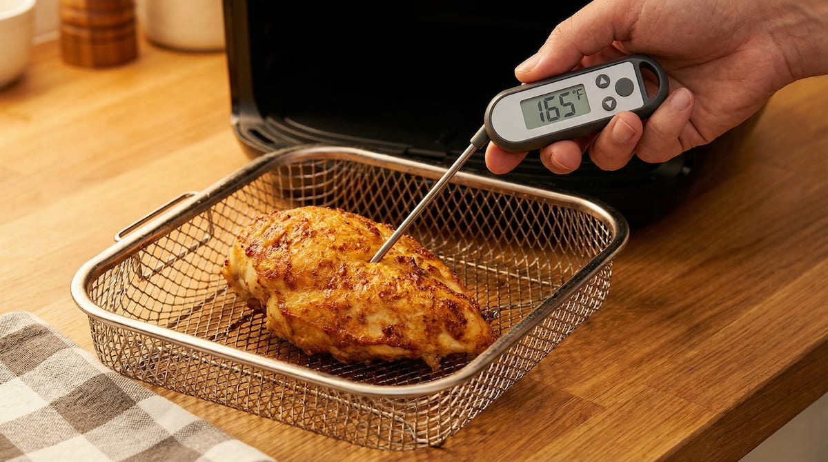 checking internal temperature of chicken in air fryer with meat thermometer