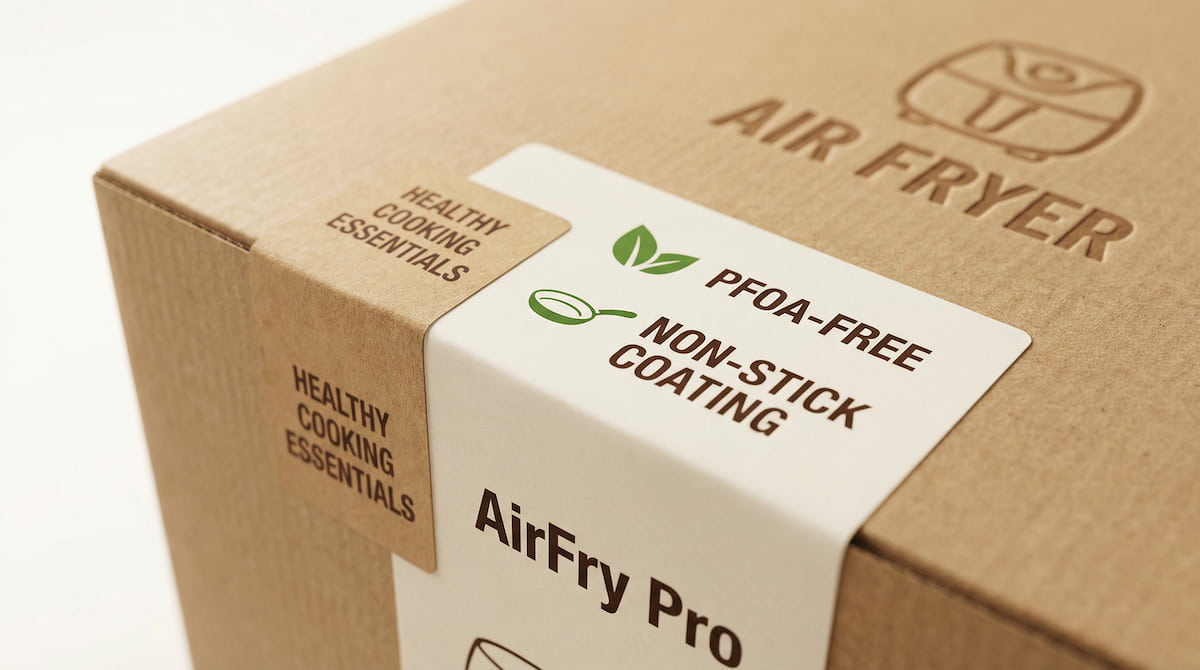 air fryer packaging labels showing PFOA-free and non-stick claims