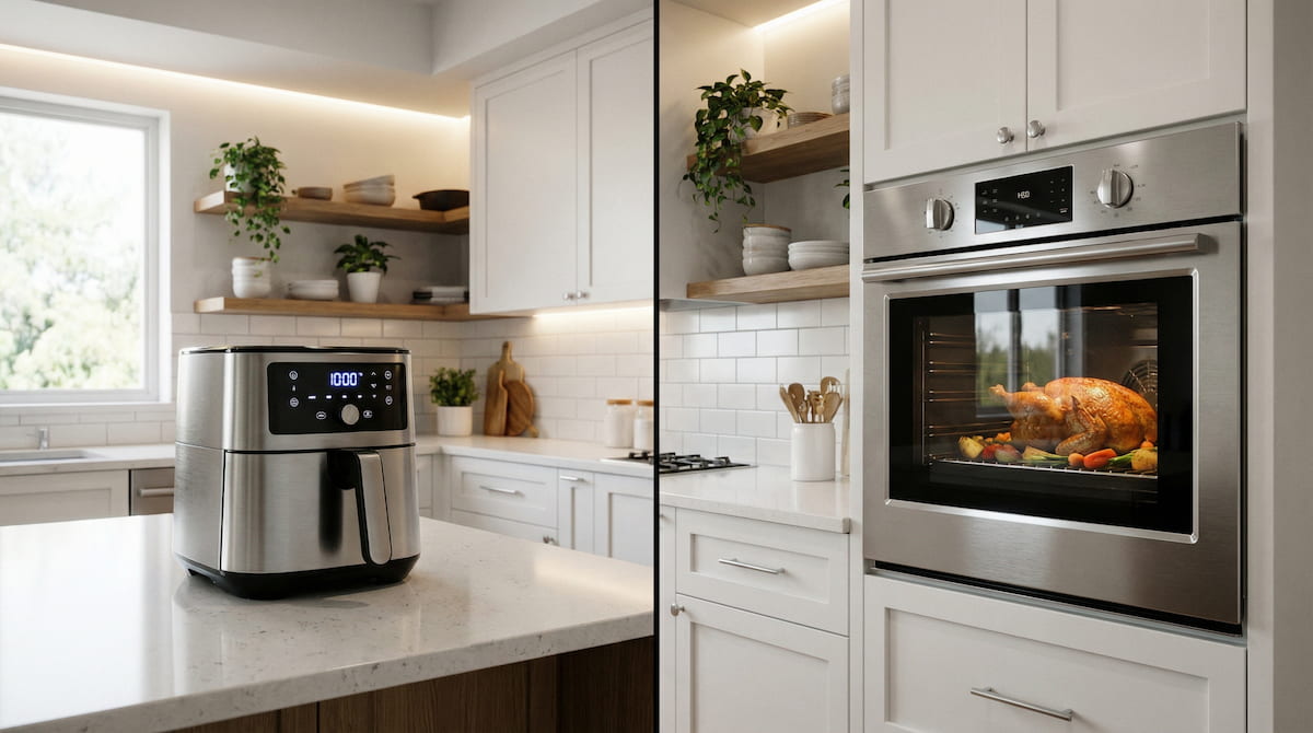 air fryer and conventional oven side by side in modern kitchen