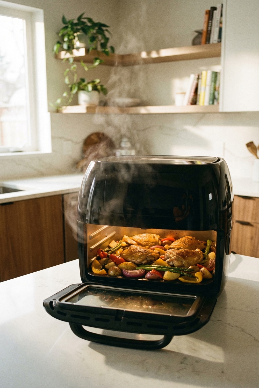 A clean air fryer in a modern kitchen setting