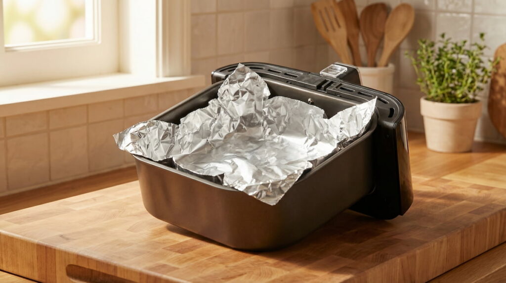aluminum foil placed inside air fryer basket