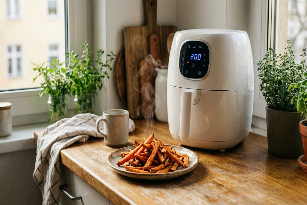 A compact white air fryer cooking sweet potato fries on a cozy small kitchen counter, illustrating an affordable, pfas-free option under $200.