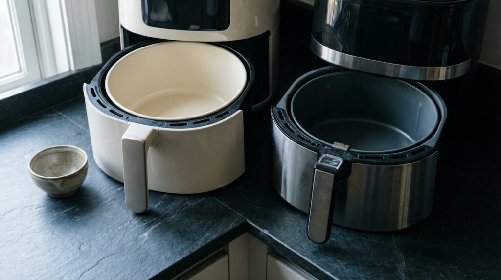 ceramic air fryer with cream basket next to nonstick air fryer with dark basket on slate counter
