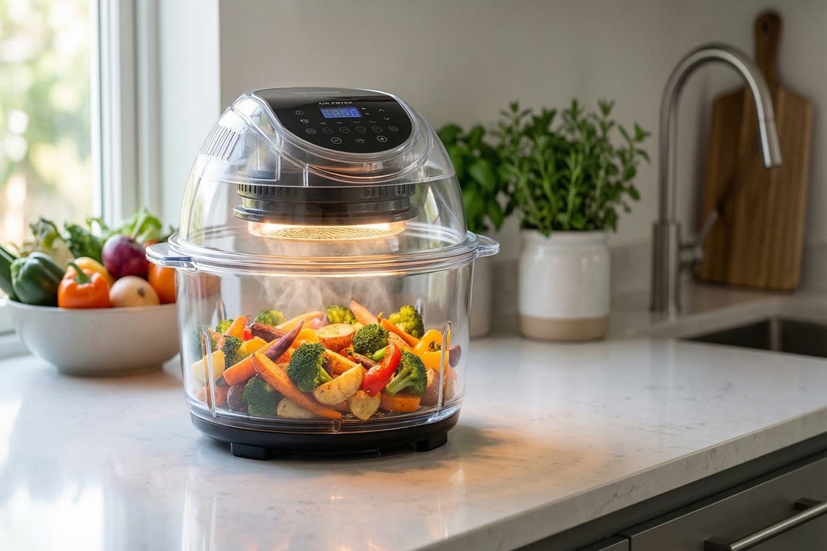 Air fryer indoor air quality — glass cooking chamber with no coating for safer everyday use