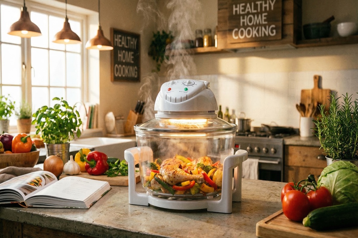 glass air fryer cooking food in transparent glass air fryer bowl