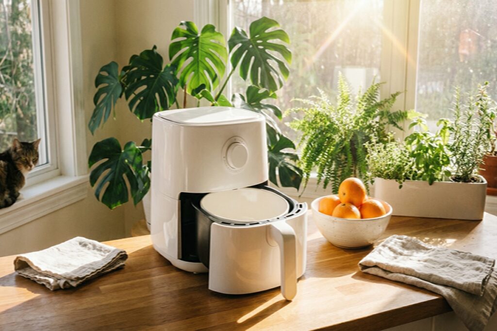 A modern kitchen counter with a ceramic and stainless steel air fryer, fresh vegetables, and garlic, illustrating safe and non-toxic cooking materials.
