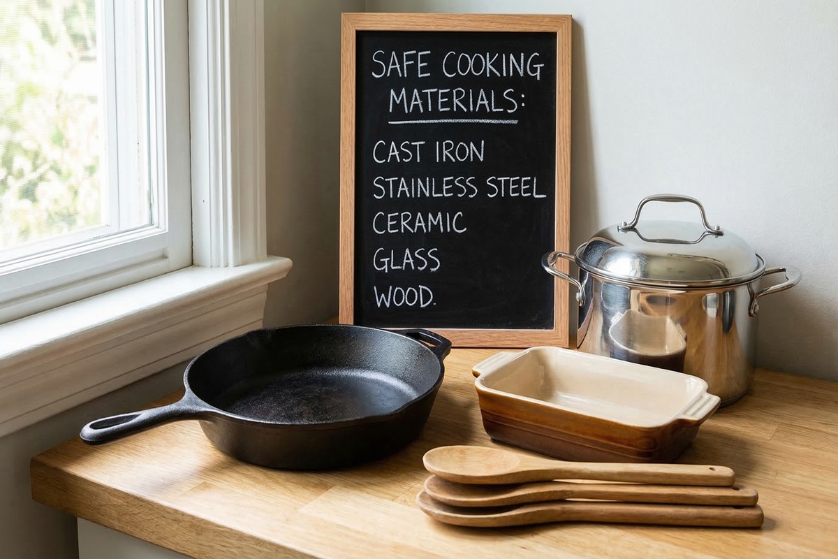 Display of safe cooking materials including cast iron and glass on a kitchen counter
