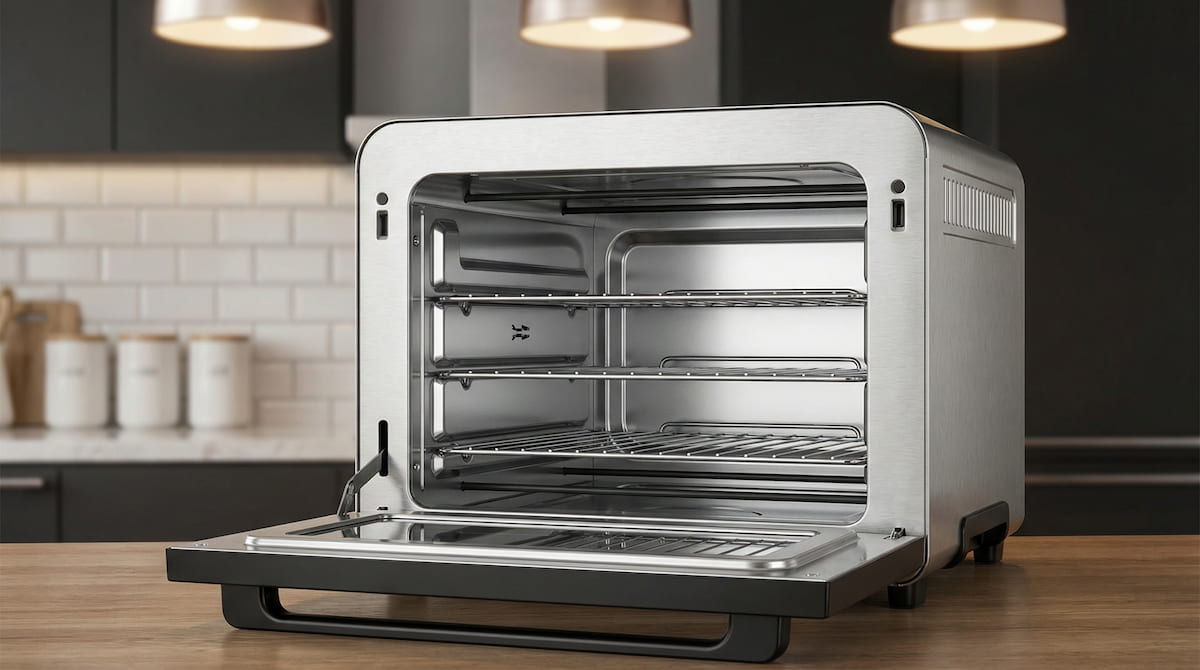 stainless steel air fryer oven interior with metal racks no coating