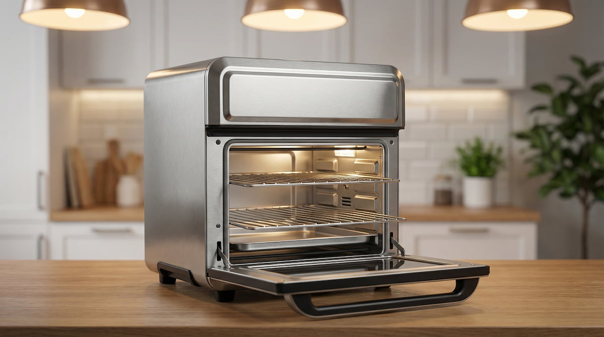 stainless steel oven air fryer interior with metal racks 2026