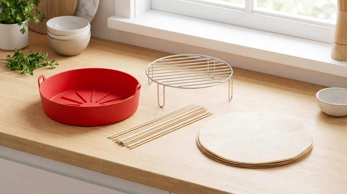 are air fryer accessories safe types silicone rack parchment skewers flatlay