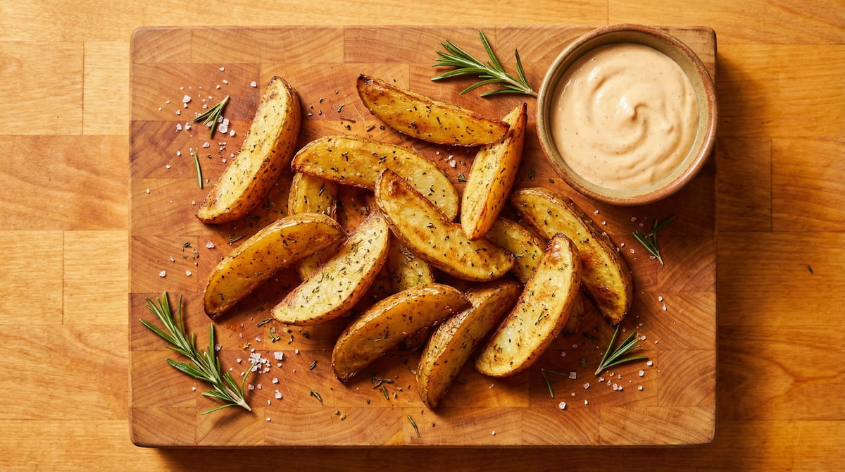Lightly golden air-fried potato wedges on a wooden surface, showing how avoiding over-browning reduces acrylamide formation