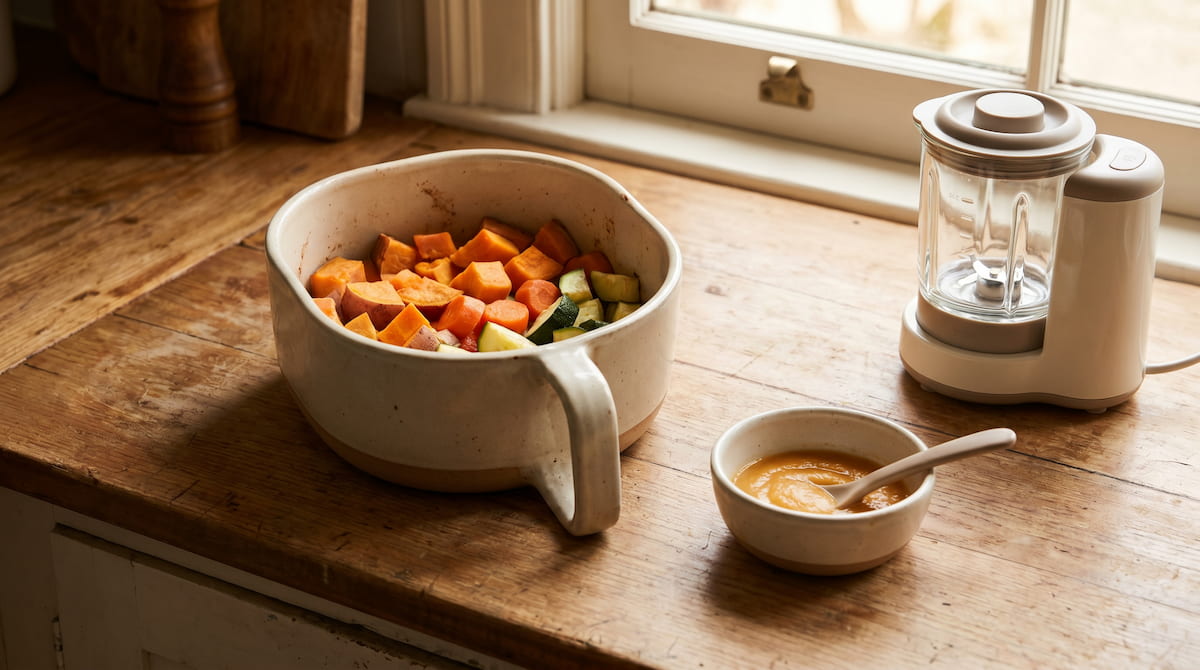 air fryer baby food sweet potato transferring from ceramic basket to bowl