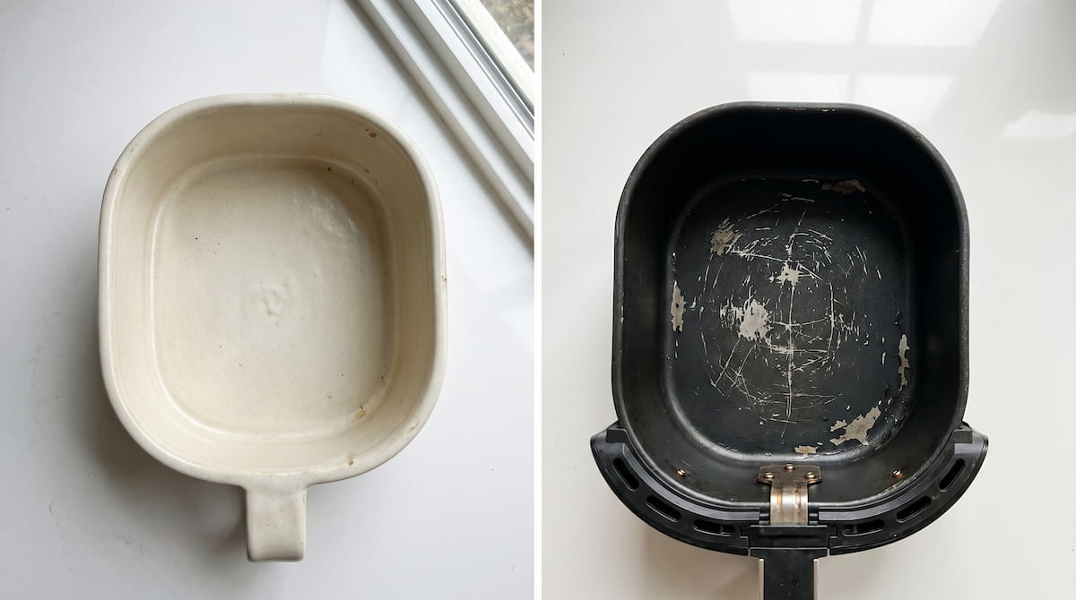 ceramic air fryer basket vs scratched nonstick basket toxic coating risk frozen chicken