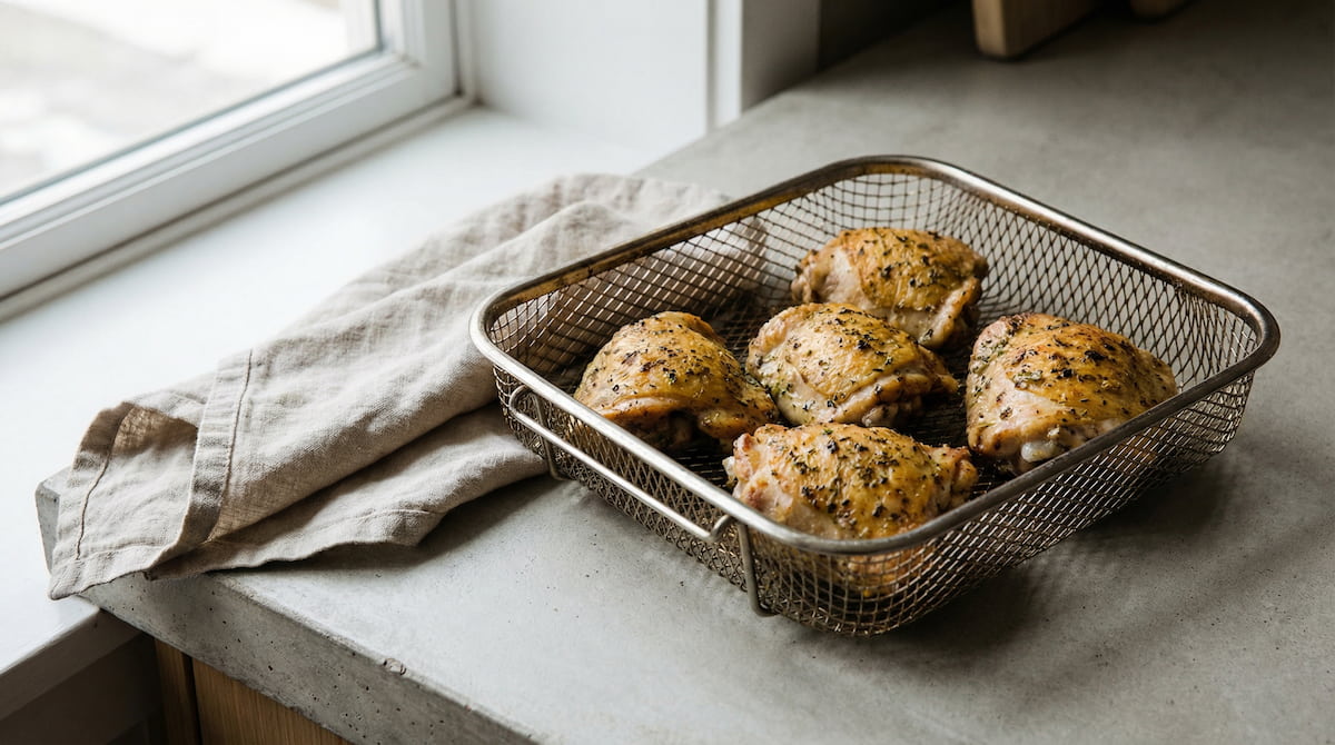 Seasoned chicken thighs in an air fryer basket, representing foods that cook well without preheating the air fryer