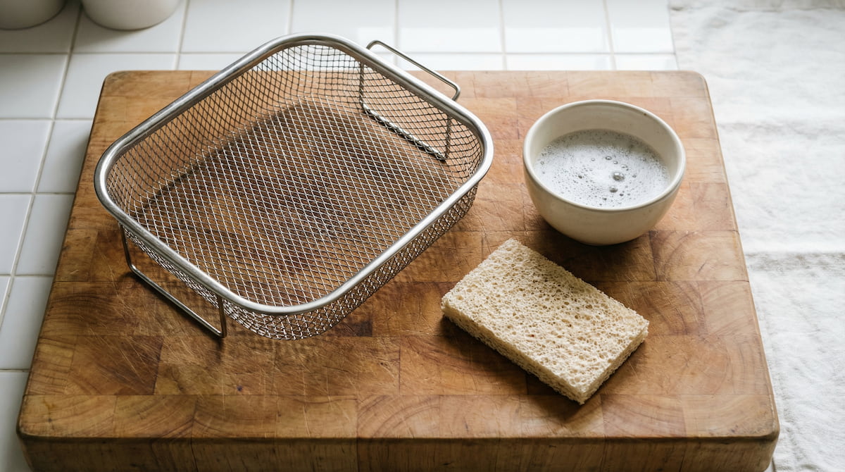 Air fryer basket with soft sponge and soapy water on a wooden counter — the simple cleaning routine that keeps your air fryer safe