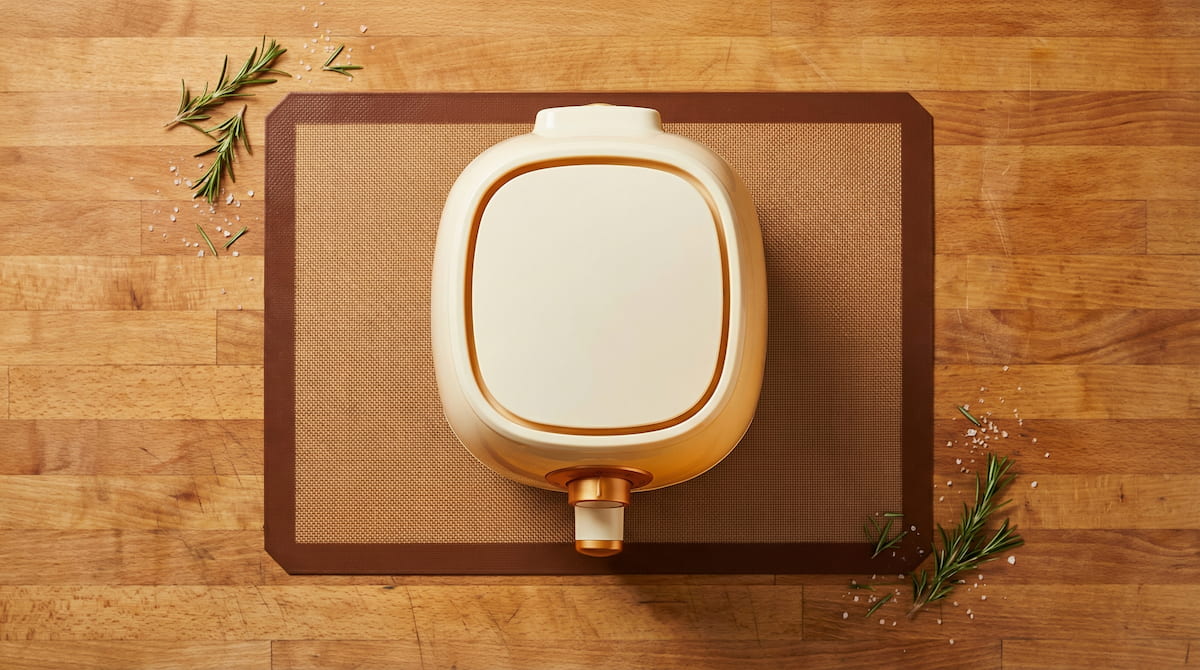 Air fryer on a silicone mat with proper clearance space on a wooden countertop, demonstrating safe placement in a small kitchen