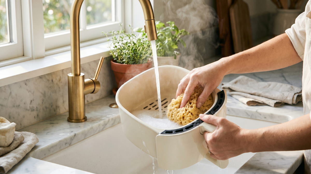 air fryer coating scratched prevention soft sponge cleaning ceramic basket