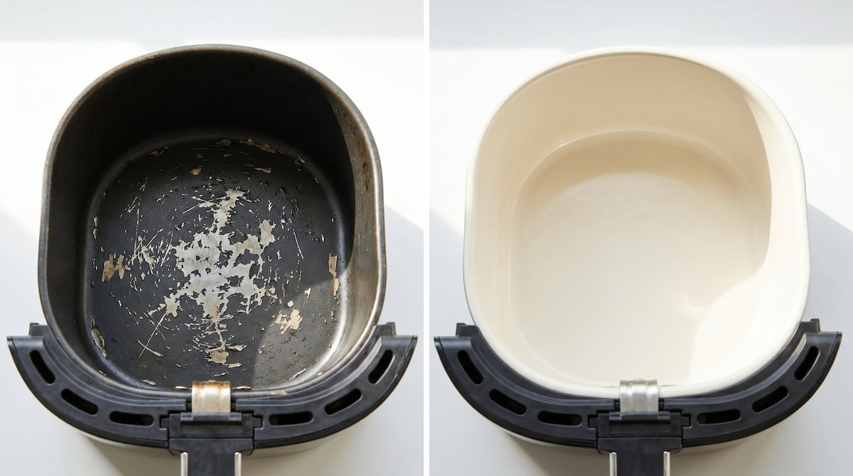 air fryer coating scratched vs intact ceramic basket safe comparison