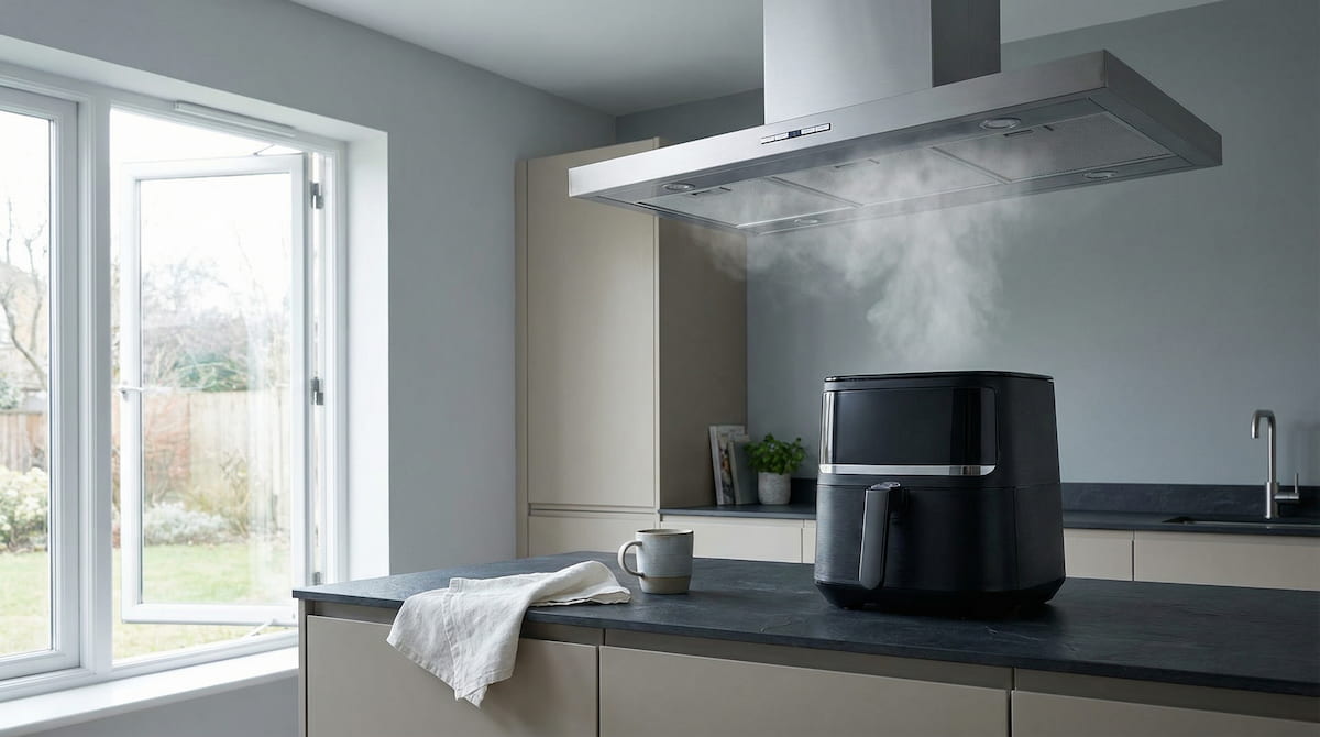 Kitchen with range hood running and window open beside an air fryer, showing proper ventilation during air fryer cooking