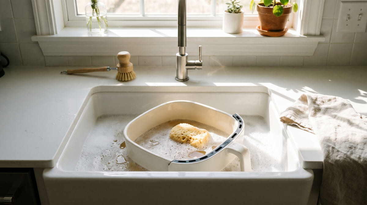 fix air fryer plastic smell clean ceramic basket wash soft sponge