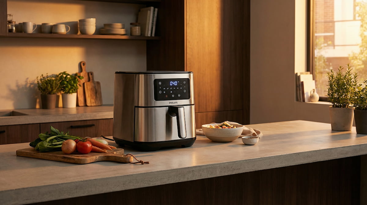 stainless steel interior air fryer on gray concrete counter with wooden cutting board in warm kitchen light