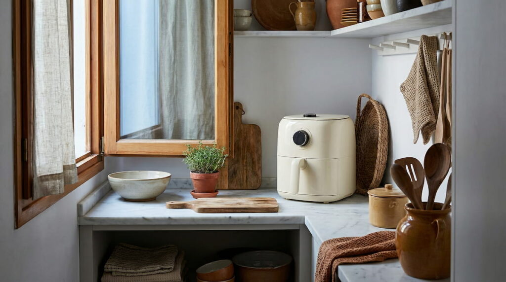 Compact air fryer on a small kitchen countertop with an open window nearby, showing safe air fryer placement in a small kitchen