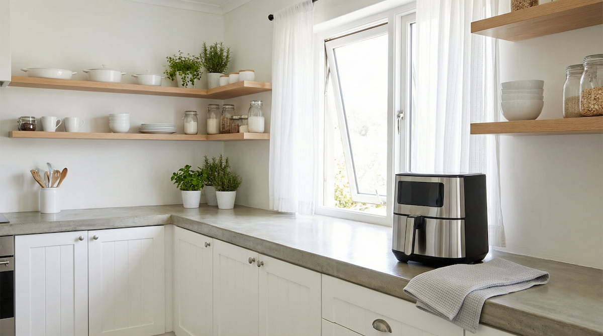 Air fryer in a well-ventilated kitchen with an open window, illustrating safe everyday air fryer use at home