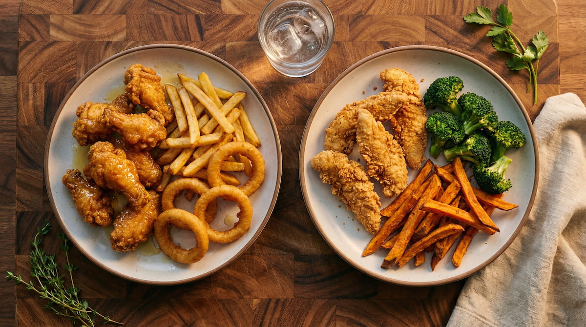 Side by side comparison of deep fried and air fried food on wooden surface — visual guide to healthier cooking choices