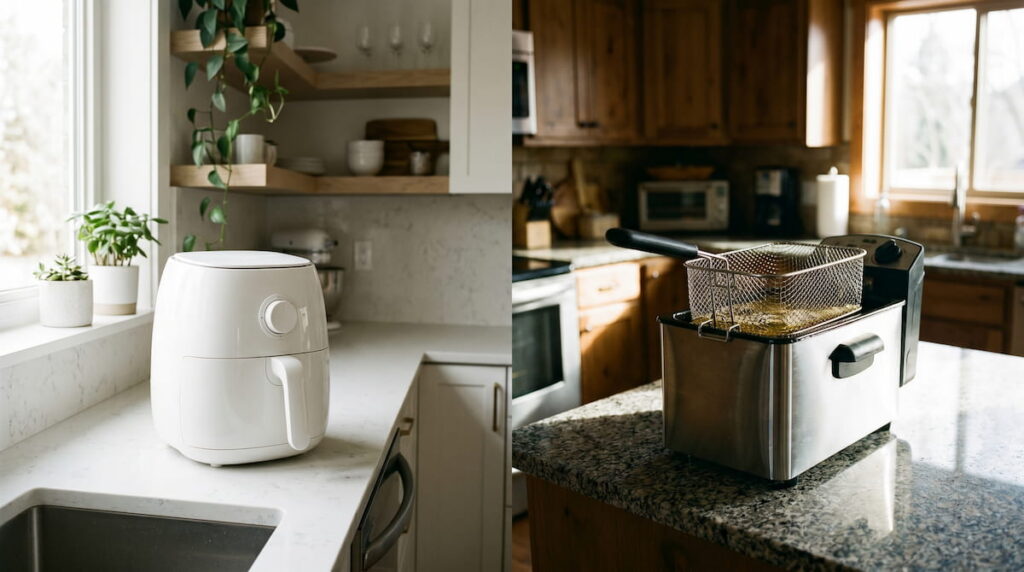 air fryer vs deep fryer safer healthier comparison on kitchen counter