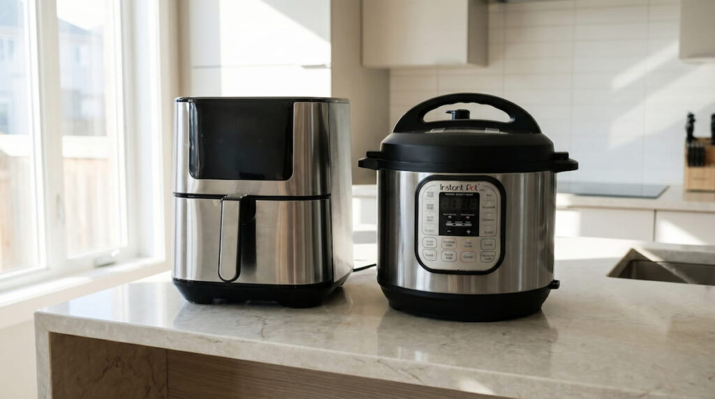 air fryer vs instant pot side by side on kitchen counter