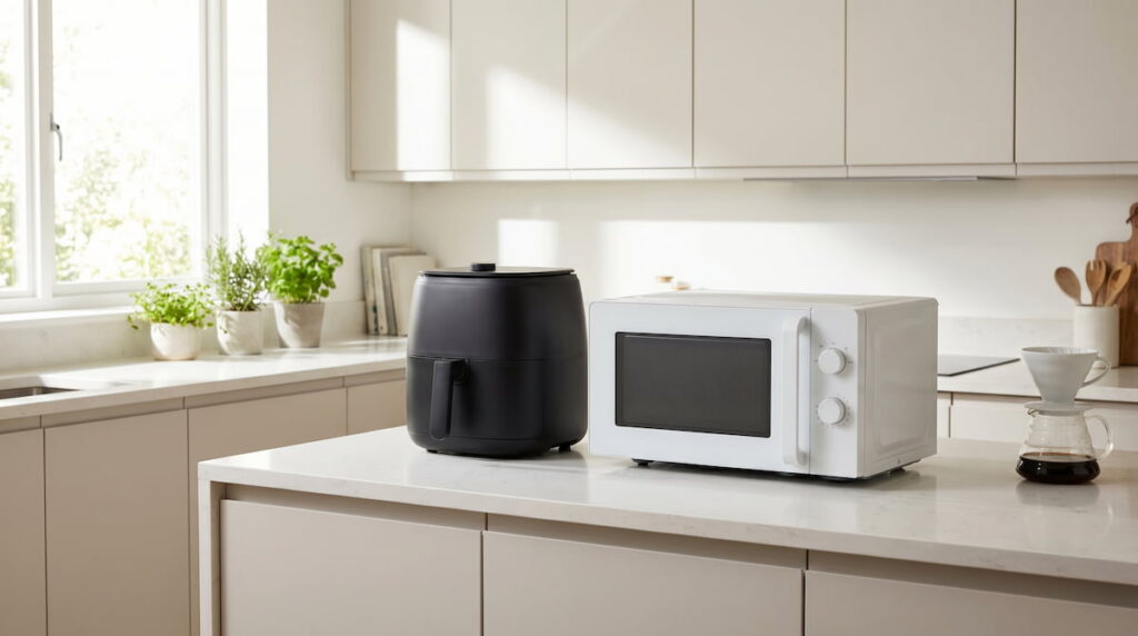 air fryer vs microwave reheating side by side kitchen counter