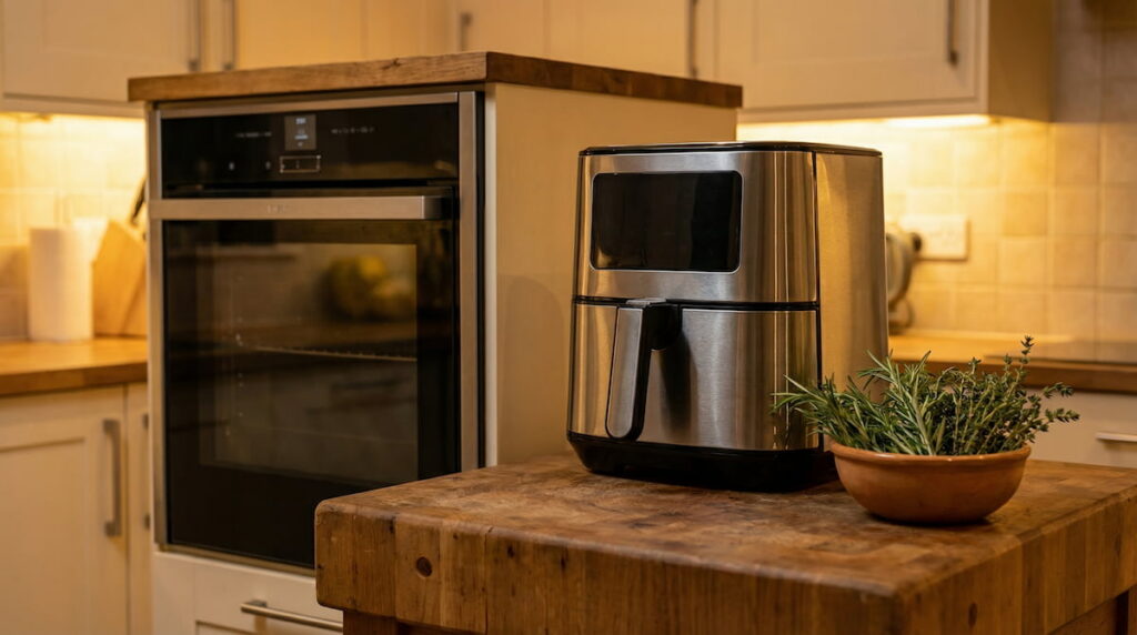 Air fryer and conventional oven side by side on a kitchen countertop, comparing which is healthier for everyday cooking
