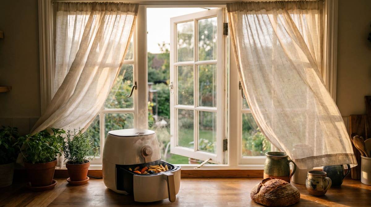 how long air out kitchen after air fryer window breeze curtain ceramic done cooking