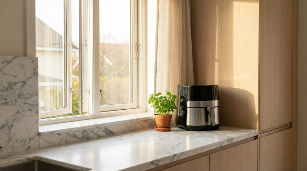 Air fryer on kitchen counter near open window — proper ventilation for safer indoor air quality during cooking