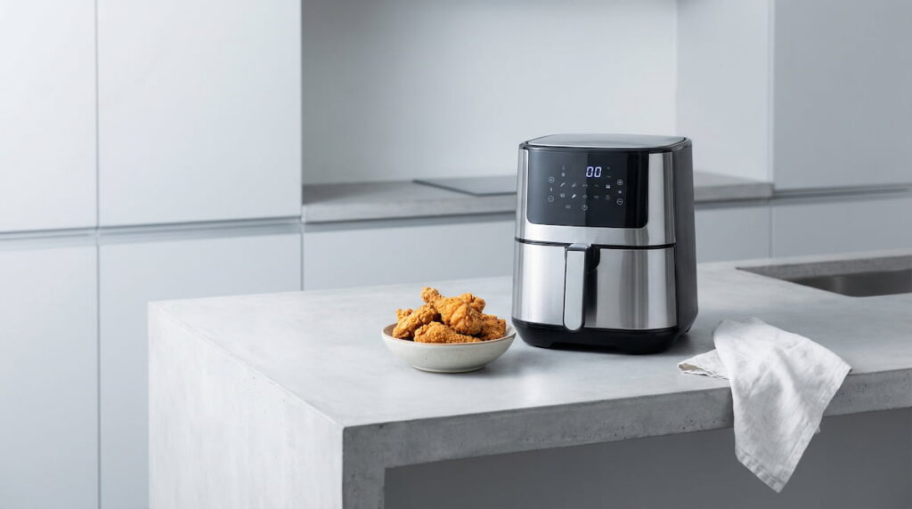 Air fryer with crispy chicken on a light gray kitchen counter — comparing healthier cooking methods to deep frying
