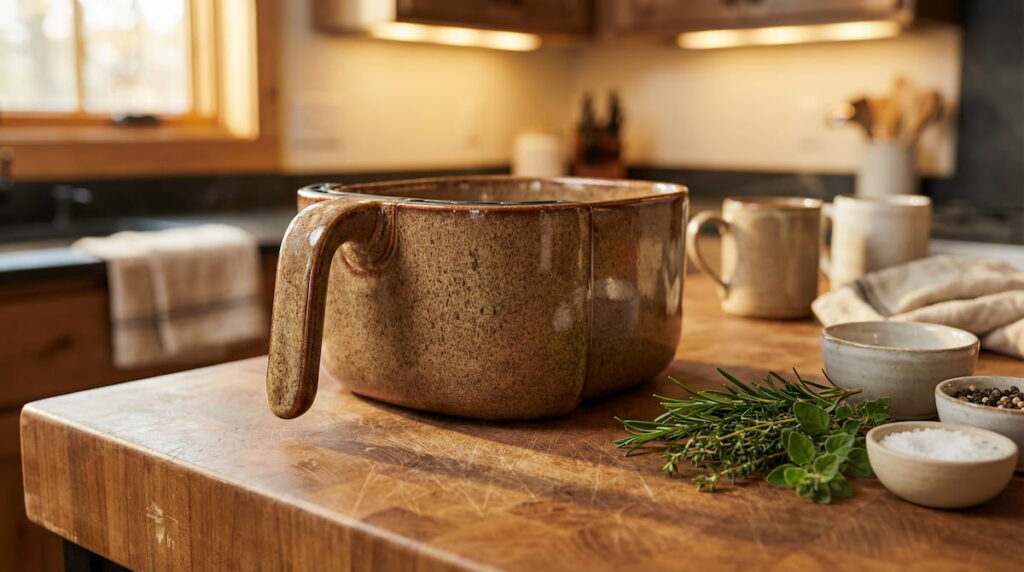 ceramic air fryer basket on wooden butcher block counter with fresh herbs and warm evening light