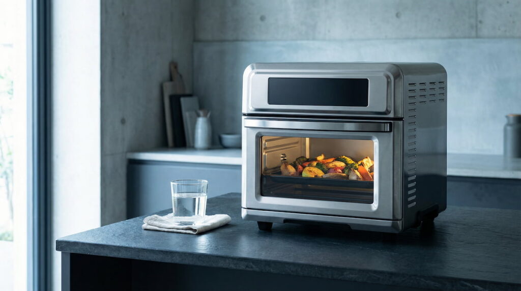 stainless steel air fryer oven on dark slate surface with cool natural daylight