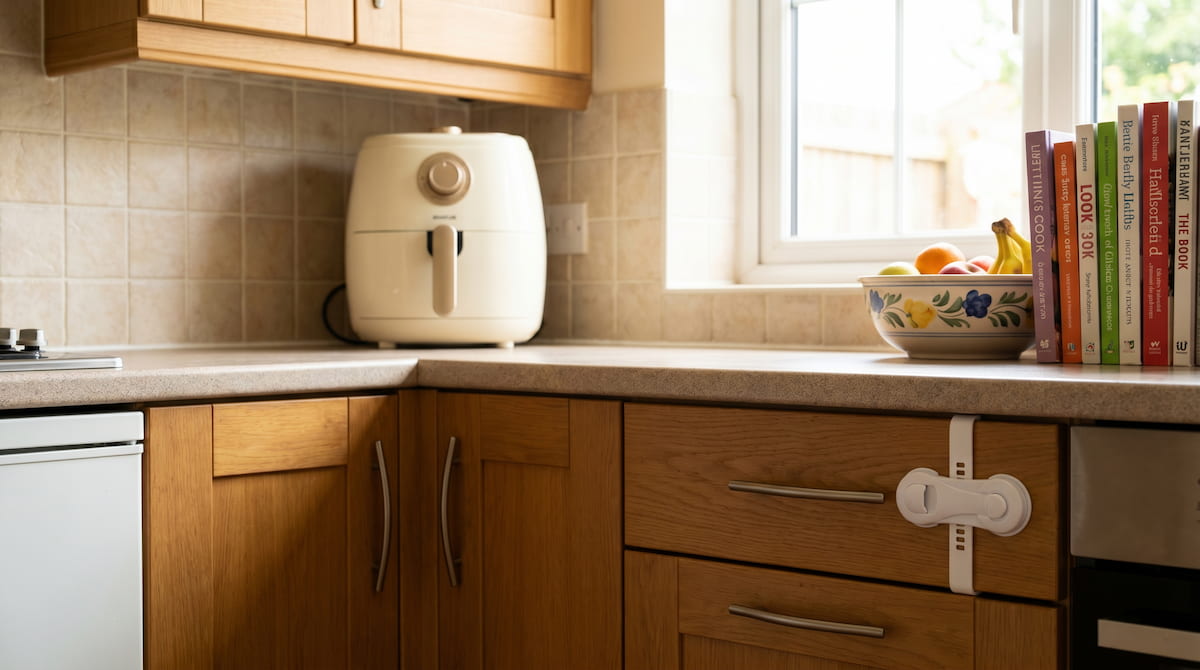 baby proof air fryer counter placement back edge safety lock ceramic kitchen