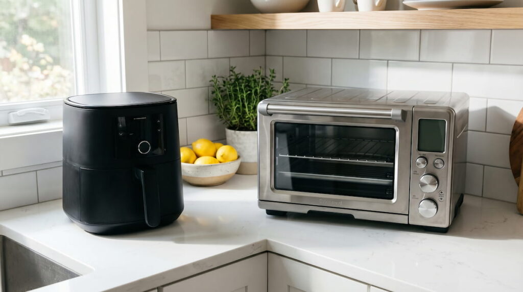basket air fryer vs tray air fryer side by side on kitchen counter