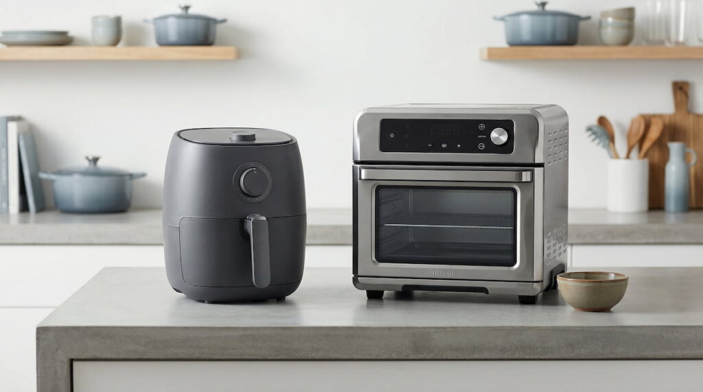 basket air fryer and oven air fryer side by side on gray concrete countertop for size comparison