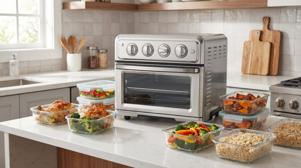 best air fryer meal prep on kitchen counter with food containers