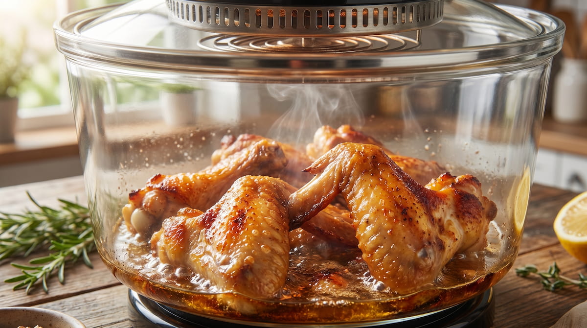 big boss glass air fryer worth it chicken wings cooking result closeup