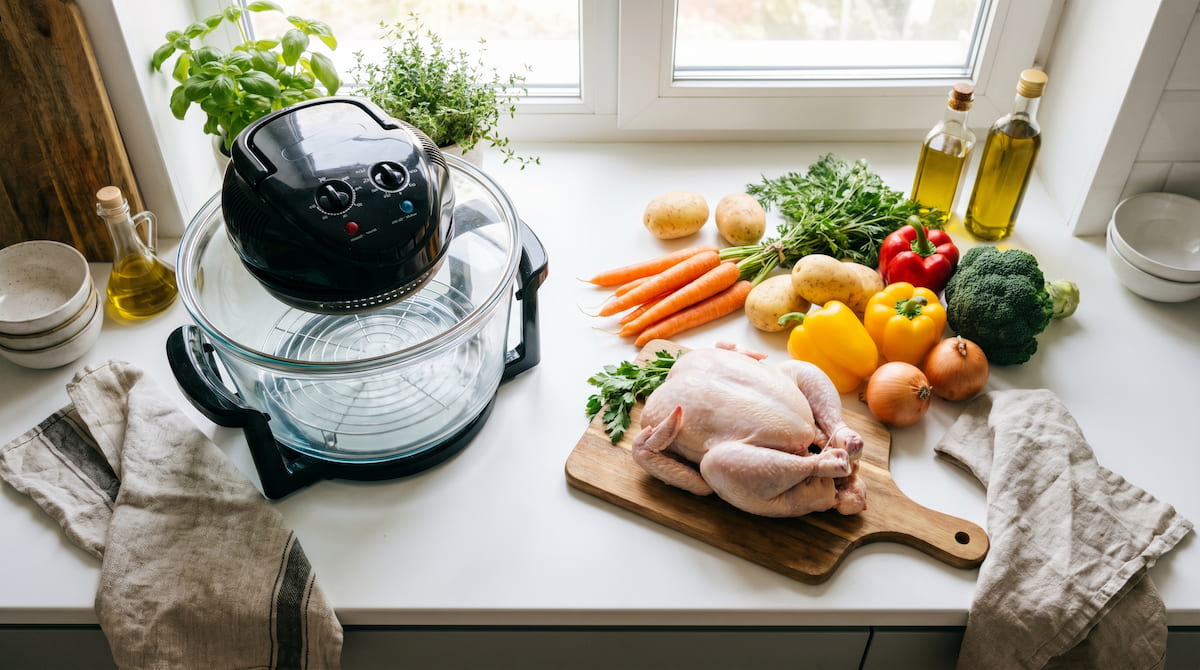 big boss glass air fryer pfas free family cooking flatlay kitchen