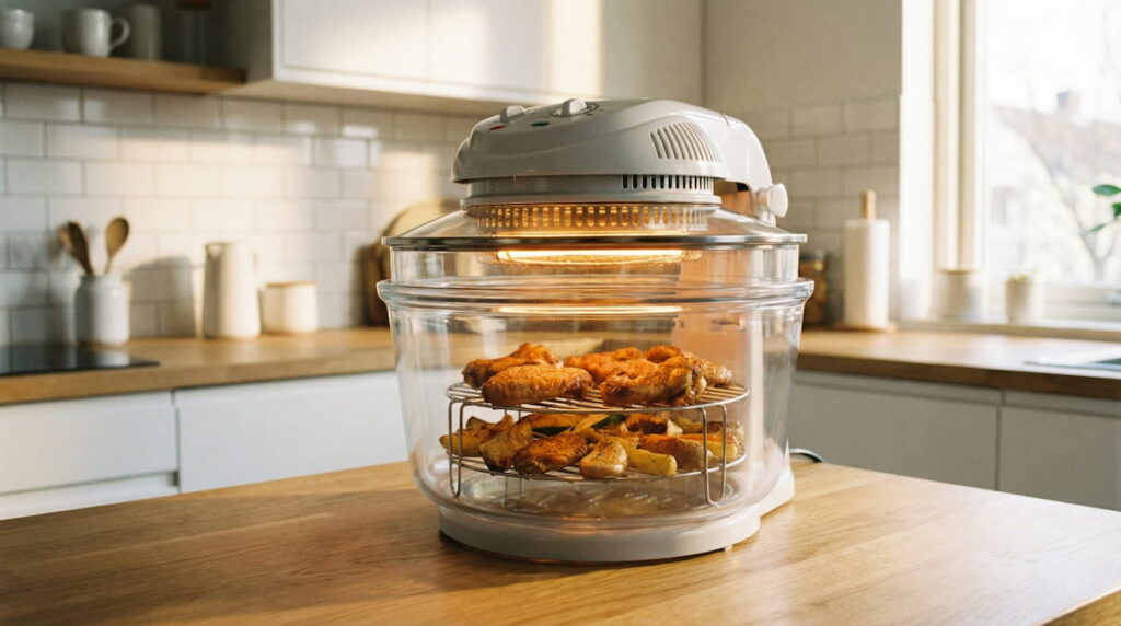 big boss glass air fryer review – 16Qt glass bowl air fryer on kitchen counter
