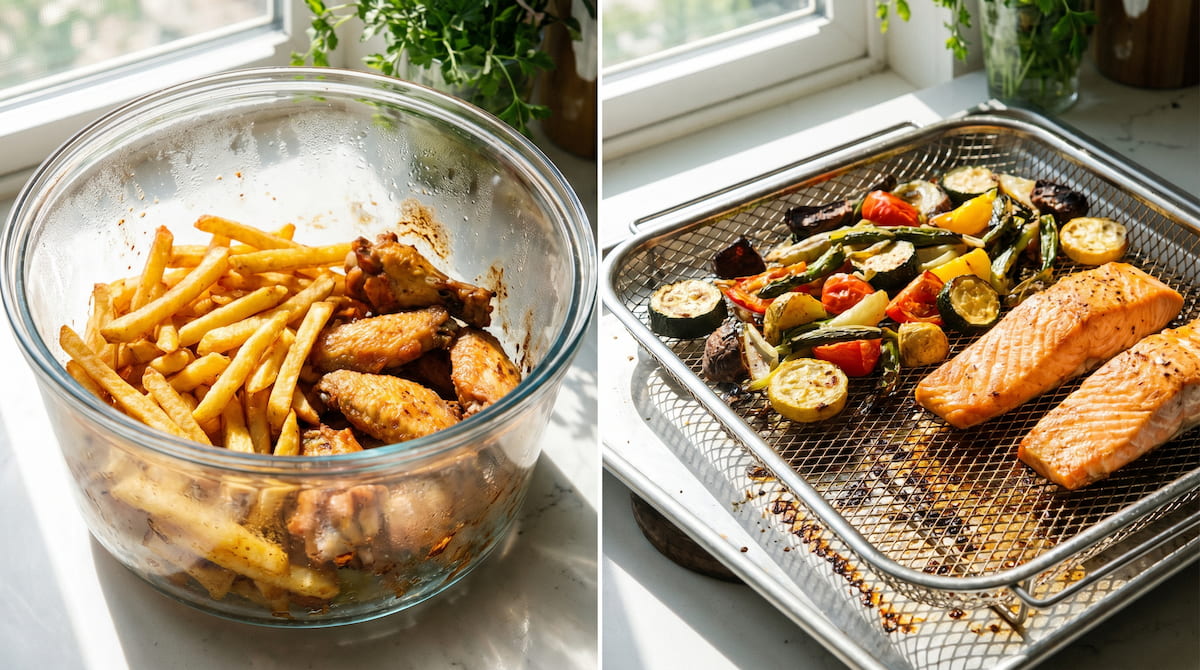 big boss glass air fryer vs instant pot omni plus cooking surface comparison closeup