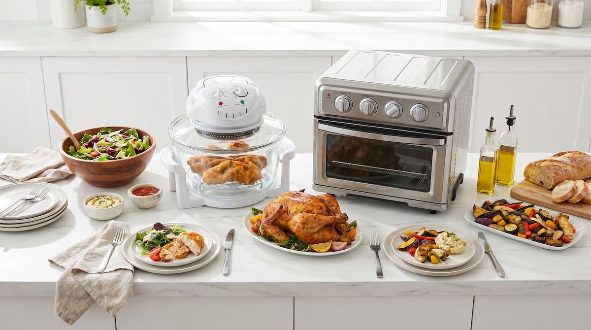 big boss glass air fryer vs instant pot omni plus family dinner comparison flatlay