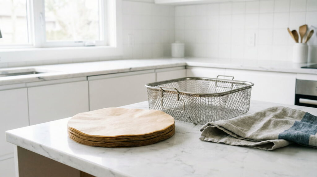Round unbleached parchment paper liners next to an open air fryer basket on a white marble kitchen counter