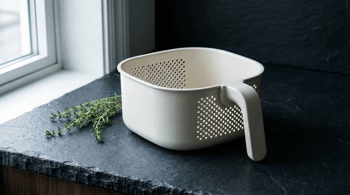 ceramic coated air fryer basket with perforation holes on dark slate counter with fresh thyme