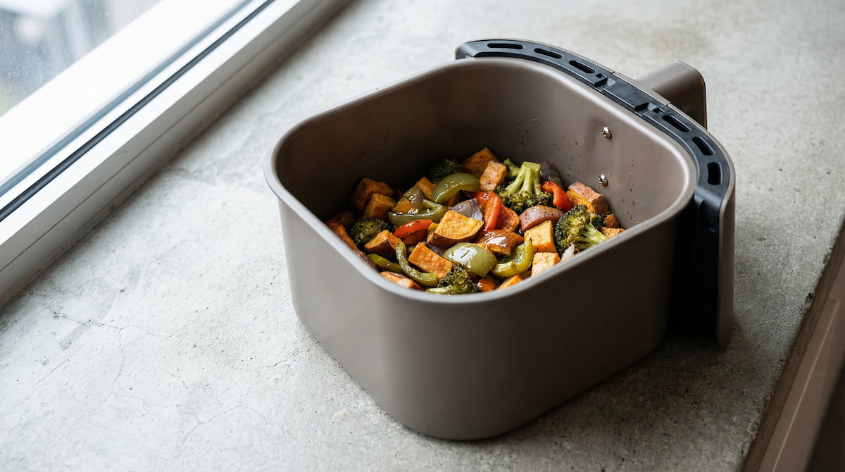 Ceramic-coated air fryer basket filled with vegetables, representing a safer and healthier way to air fry at home